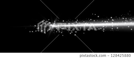 White horizontal laser beam. Neon line, presentation pointer. Silver glow flare light effect. Vector illustration. Isolated on transparent background. 128425880