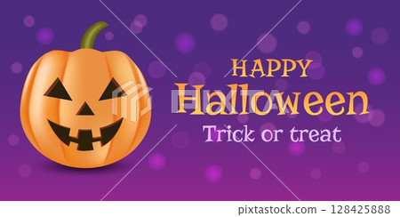 Happy Halloween. Trick or Treat. Vector poster with realistic pumpkin and purple background with bokeh effect. Happy Halloween. Trick or Treat. Vector poster with realistic pumpkin and purple background with bokeh effect. 128425888