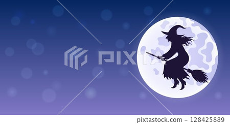 Vector illustration of a poster or banner with moon and witch, blue background with bokeh effect and empty space for text. Vector illustration of a poster or banner with moon and witch, blue background with bokeh effect and empty space for text. 128425889