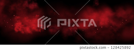 Red space realistic nebula smoke background. Abstract fog texture and shining stars. Magic colorful galaxy with stardust. Abstract vector illustration 128425892