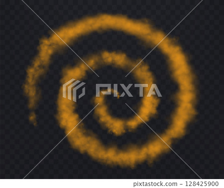 Realistic orange spiral smoke or haze, overlay effect on a transparent background. Circular magic fog, vapor. Abstract vector illustration 128425900