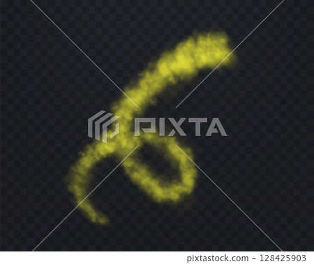 Realistic yellow smoke spiral or haze on a transparent background. Magic fog, vapor, smoke line left by flight. Vector illustration. Realistic yellow smoke spiral or haze on a transparent background. Magic fog, vapor, smoke line left by flight. Vector illustration. 128425903