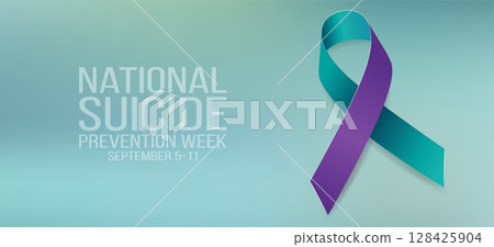 National suicide prevention week concept. Banner for September 5-11 with teal and purple ribbon awareness and text. Vector illustration. National suicide prevention week concept. Banner for September 5-11 with teal and purple ribbon awareness and text. Vector illustration. 128425904