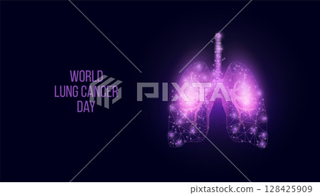 World Lung Cancer Day concept. Banner template with glowing low poly lungs. Futuristic modern abstract. Isolated on dark background. Vector illustration World Lung Cancer Day concept. Banner template with glowing low poly lungs. Futuristic modern abstract. Isolated on dark background. Vector illustration 128425909