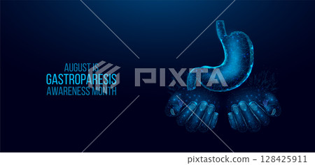 Gastroparesis awareness month concept. Banner template with glowing low poly stomach. Futuristic modern abstract. Isolated on dark background. Vector illustration. 128425911