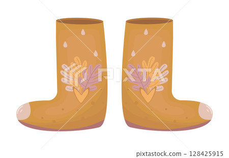 Orange autumn rubber boots, ginger fall shoes with leaves, color vector illustration in boho style 128425915