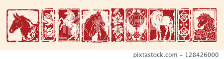 Chinese 2026 New Year horse symbol, Asian seal stamp lunar print set, holiday celebration decor.  128426000