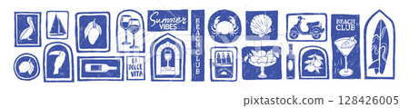 Summer Italy beach print, tropical vacation graphic set, Mediterranean coastal logotype collection.  128426005