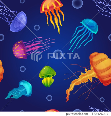 Bright jellyfish seamless pattern. Seaworld cartoon characters, underwater cartoon jellyfish. Vibrant print for fabric, wallpaper, wrapping, nowaday vector background 128426007