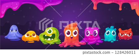 Slimy banner. Funny jelly creatures, cute cartoon monsters group. Crazy emotional characters and liquid slime border. Vibrant nowaday vector background Slimy banner. Funny jelly creatures, cute cartoon monsters group. Crazy emotional characters and liquid slime border. Vibrant nowaday vector background 128426011