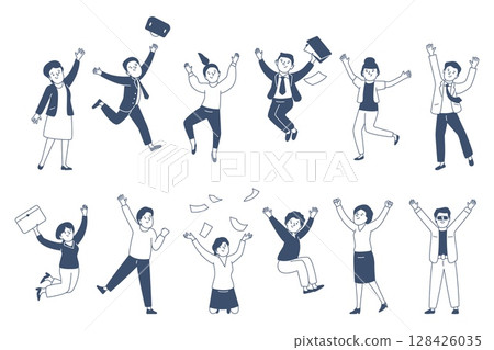 Jumping business characters. Cheering office workers, teenagers and adults. People jump and throw papers documents. Active poses, recent vector set 128426035