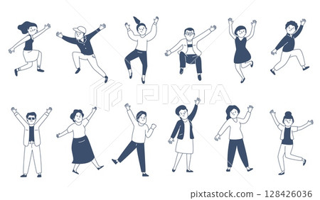 Linear happy people. Joyful teenagers and adults, jumping characters in casual outfits. Male and female celebrate, isolated cheering men women recent vector set 128426036