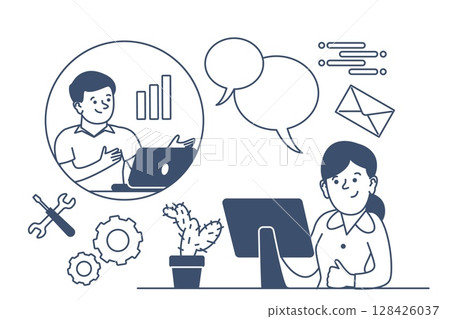 Linear business communication. Online workers communicating, call center or hotline. Company managers video calling, helpline, recent vector scene 128426037