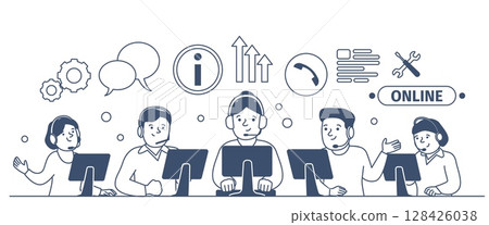 Customer service scene. Online helpline, clients support or answer on question. Operators with laptop on headphones. Linear characters recent vector concept 128426038