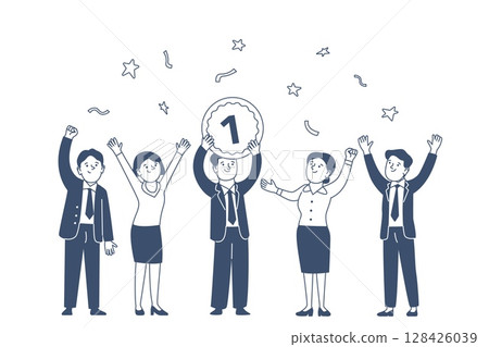 Business team with trophy. Linear office workers team with first place medal. Businessman winner, collaboration and success, teamwork recent vector scene 128426039
