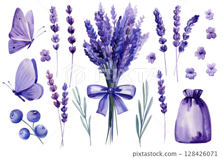 Lavender bouquet watercolor clipart with purple bow butterflies flowers and herbal sachet in rustic Provence style 128426071