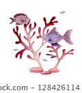 Watercolor composition shadow of pink fantasy branches of seaweed and different dish fish  128426114