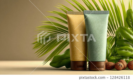 Two tropical cosmetic tubes in pastel green and yellow, placed on a sandy surface with palm leaves and a coconut in the background 128426118