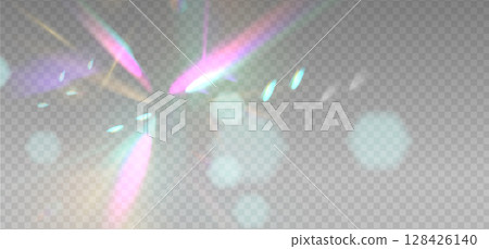 Rainbow reflection light prism effect with blue blur sparks on light background. Hologram glass dispersion, crystal flare leak shadow overlay. Vector transparent illustration Rainbow reflection light prism effect with blue blur sparks on light background. Hologram glass dispersion, crystal flare leak shadow overlay. Vector transparent illustration 128426140