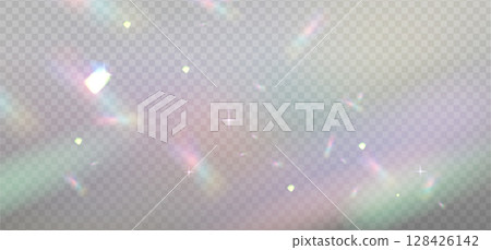 Colorful lenses and light flares with transparent effects. Iridescent crystal leak glare reflection overlay effect. Optical rainbow lights, glare, leak. Vector sparkle falling confetti. 128426142