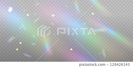 Rainbow blurred bokeh overlay template for spring, summer glowing effect. Happy holidays day shimmer backdrop. Vector illustration on light background. 128426143