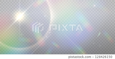 Rainbow reflection light prism effect on light background. Hologram glass dispersion, crystal flare leak shadow overlay with shining star. Vector illustration Rainbow reflection light prism effect on light background. Hologram glass dispersion, crystal flare leak shadow overlay with shining star. Vector illustration 128426150