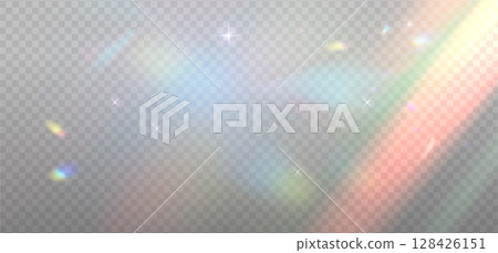 Colorful light reflection highlights. Glare from sun, water and glass. Glittering particles for social media backgrounds, product presentations, photo shots. Vector eps10 128426151