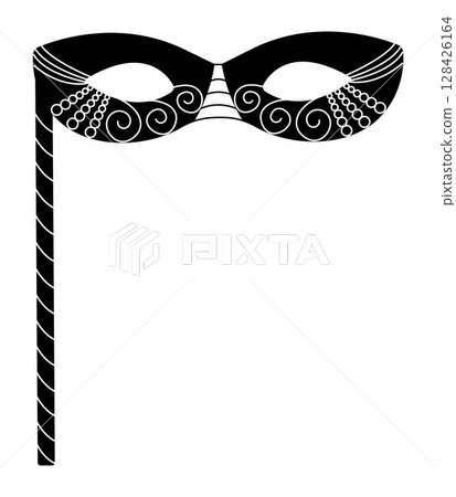 Black masquerade mask with a stick, black and white vector illustration for Purim holiday 128426164