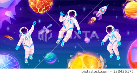 Astronaut space trip. Spaceman in outer cosmos, galaxy planet universe abstract star landscape cosmic explore concept rocket craft cosmonaut in helmet, swanky vector illustration 128426175