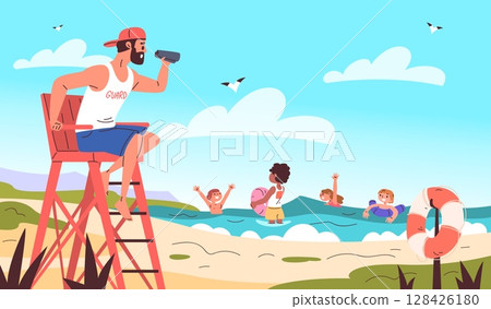 Swimming children lifeguard. Beach life guard binoculars watches child swim in sea with lifebuoy, rescuer tower coast kids protection summer vacation, classy vector illustration 128426180