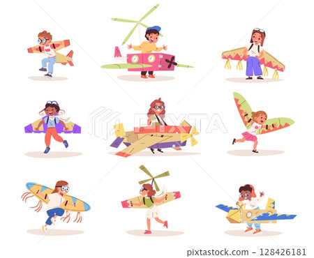 Kids cardboard wings. Child in airplane pilot paper box craft costume, plane toy fun play cute boy girl wing dreaming fly cartoon baby kid flying uniform classy vector illustration 128426181