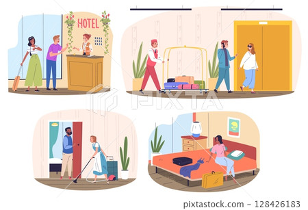 Hotel guests. Tourists room accommodation, check-in at reception hospitality service staff manager people luggage lobby travel booking holiday vacation classy vector illustration Hotel guests. Tourists room accommodation, check-in at reception hospitality service staff manager people luggage lobby travel booking holiday vacation classy vector illustration 128426183
