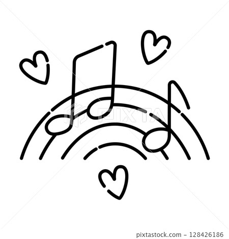 Love to music, vector black line icon of musical notes on rainbow background Love to music, vector black line icon of musical notes on rainbow background 128426186