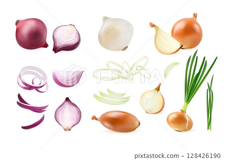 Realistic onion. 3d red green white onions cut ring half whole slice, shallot purple fresh vegetable with leaf farm food kitchen cooking herb vegan bulb, exact vector illustration 128426190