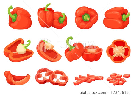 Cartoon bell peppers. Red green yellow sweet pepper, paprika spice farm isolated vegetables whole half ring slice vegetarian salad ingredient vegetable set neat vector illustration 128426193
