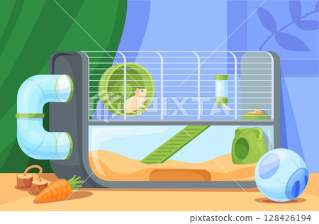 Hamster cage. Hamsters house cartoon background room interior, cute domestic rat pet home animal food water and toy running wheel fluffy rodent gerbil, neat vector illustration Hamster cage. Hamsters house cartoon background room interior, cute domestic rat pet home animal food water and toy running wheel fluffy rodent gerbil, neat vector illustration 128426194