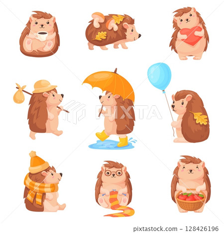 Cartoon hedgehog characters. Funny hedgehogs family, cute urchin baby animal happy characters with fruit leaves in autumn fall forest porcupine wild life, neat vector illustration 128426196