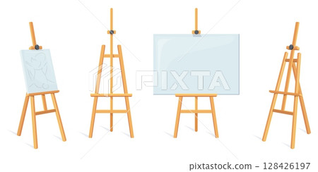 Wooden easels. Stand easels, wood tripod blank canvas empty white frame mockup for painting art school studio paper board painter artist exhibition set, neat vector illustration Wooden easels. Stand easels, wood tripod blank canvas empty white frame mockup for painting art school studio paper board painter artist exhibition set, neat vector illustration 128426197