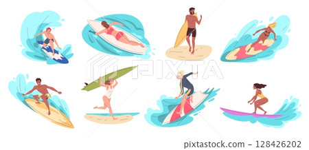 Cartoon surfers characters. Man woman surfer on surfboard ride sea wave, summer beach surfing swim isolated character surg board guy girl person set, classy vector illustration 128426202