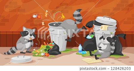 Raccoon trash cans. Racoons eat in garbage bin, funny racoons eating food waste on street alley dirty city junk raccoons animals characters, cartoon neat vector illustration 128426203