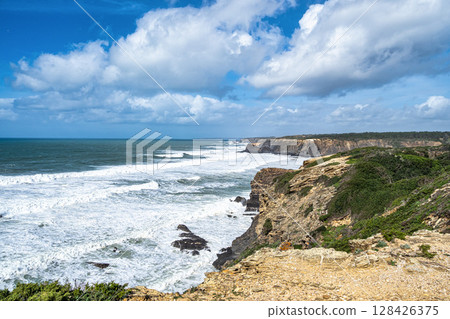 Praia De Odeceixe Beach, Portugal. Atlantic Ocean, Hiking Rota Vicentina the Fisherman's Trail. Praia De Odeceixe Beach, Portugal. Atlantic Ocean, Hiking Rota Vicentina the Fisherman's Trail. 128426375