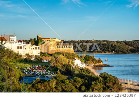 Sao Clemente fort in Vila Nova de Milfontes, Portugal at sunset. The fort is in the historical part of town 128426397
