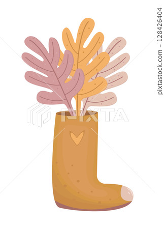 Autumn leaves in a rubber boot, fall foliage in shoes, color vector atmospheric illustration in boho style 128426404