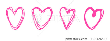 Rounded hand drawn bright pink doodle hearts Rounded hand drawn bright pink doodle hearts 128426505