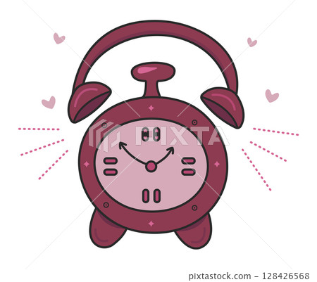 Cute black line color alarm clock, round table timer, doodle in burgundy and pink shades, vector cartoon illustration 128426568