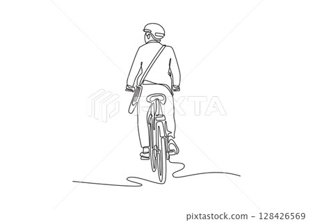 Single one line drawing back view male cyclist worker in helmet goes to work with briefcase. Urban eco transport and healthy lifestyle. Modern continuous line draw design graphic vector illustration 128426569
