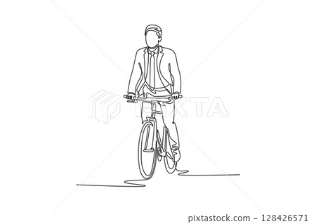 Continuous one line drawing joyful businessman standing on his bike, getting ready to start moving. Attractive male employee looking into distance. Single line draw design vector graphic illustration 128426571