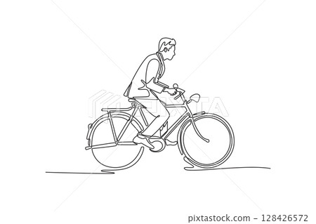 Continuous one line drawing side view stylish businessman going to work by bike. Male worker go to work office with his bicycle. Healthy lifestyle. Single line draw design vector graphic illustration 128426572