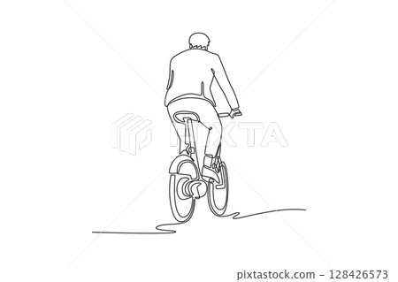 Continuous one line drawing back view young businessman commuter with electric bicycle traveling home from work. Commute on bike, healthy lifestyle. Single line draw design vector graphic illustration Continuous one line drawing back view young businessman commuter with electric bicycle traveling home from work. Commute on bike, healthy lifestyle. Single line draw design vector graphic illustration 128426573