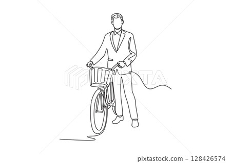 Continuous one line drawing stylish male employee in formal suit posing next to his bicycle. Eco friendly transport and healthy commuting lifestyle. Single line draw design vector graphic illustration 128426574